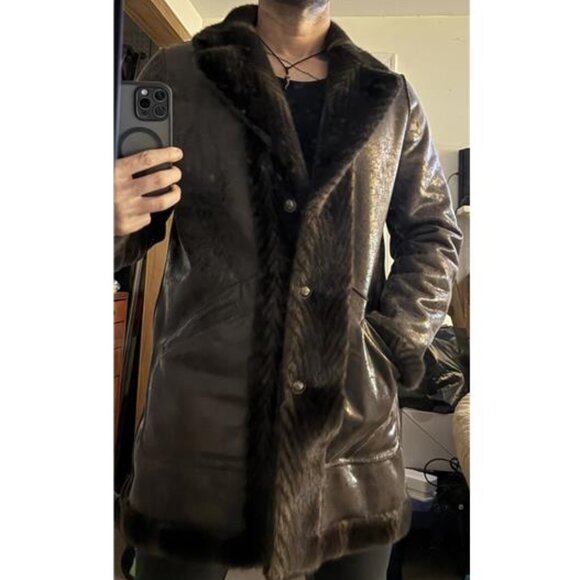 Men's Faux Mink Coat Mid-Length Open Front Single Breasted Reversible Fur Jacket - Picture 9 of 10
